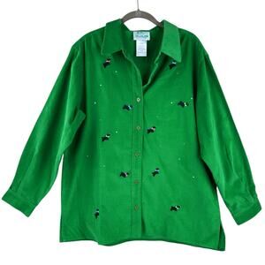 Vintage Quacker Factory Embroidered Scotty Dog Shirt Size L Green Corduroy